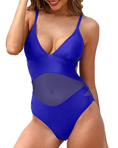image for Holipick Women Blue Sexy One Piece Swimsuits Mesh Bathing Suits Plunge