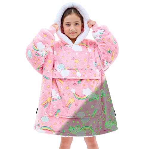 yescool Wearable Blanket Hoodie Kids Glow in the Dark, Oversized Blanket Sweatshirt with Sherpa Teen Girl Gifts for Kids,Girls, 8-15 Year Old Girl Boy Gift Warm Wearable Blankets, One Size, Rainbow