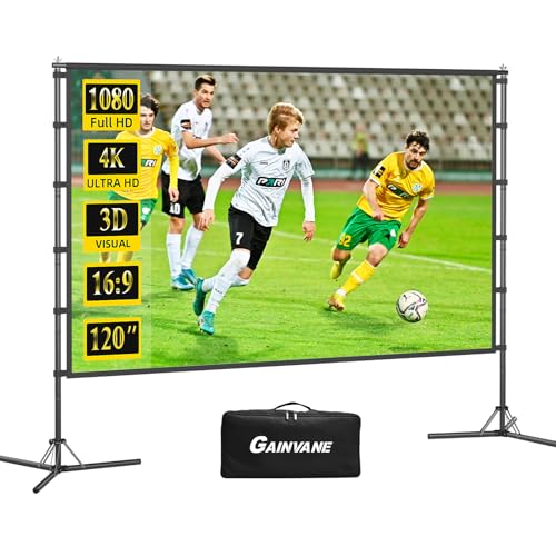 Image of 120 inch Projector Screen with Stand - Portable Indoor Outdoor Projection Screen 16:9 4K HD Wrinkle-Free Movie Screen, Double Sided with Carry Bag for Backyard Theater
