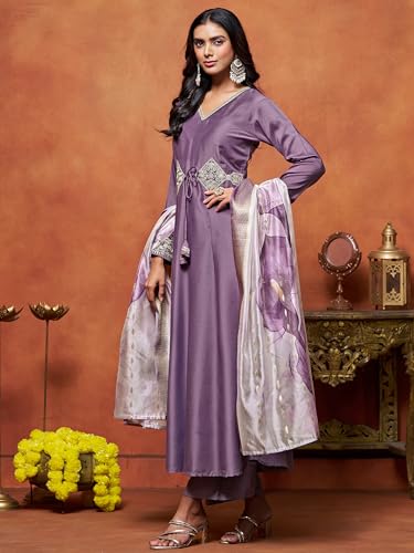 Image of EthnicJunction Women's Cotton Silk Embroidered Anarkali Kurta Palazzo with Digital Print Dupatta Set