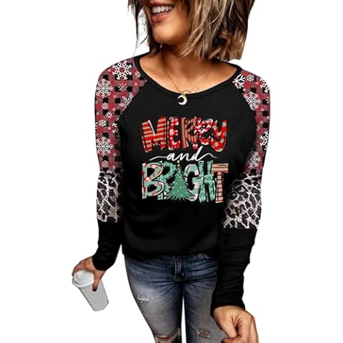 TIXOM Womens Merry and Bright Plaid Printed Shirt Funny Christmas Snowflake Plaid Splicing Sleeve Raglan Tops Xmas Family Party Tee(XL,M-Black) Cover