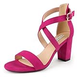 JOY IN LOVE Women's Chunky Block Heels 3 Inch Ankle Strap Low Heel Sandals Fuchsia Suede 7.5US
