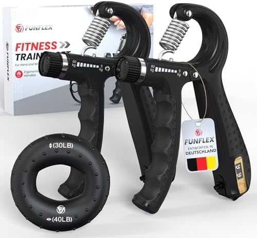 FUNFLEX Handtrainer Fingertrainer, Griffkraft Trainer 2er Set, 5-60kg Einstellbarer Widerstand Unterarmtrainer - Grip Ring, Fingerkraft Grifftrainer - Fitness Krafttraining für Han