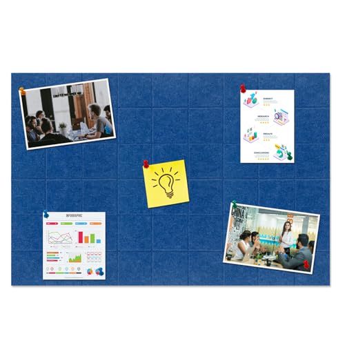 HULAVO Large Square Felt Cork Board Tiles, Self Adhesive DIY Felt Bulletin Board Pin Board with 35 Pushpins for Office School Home Wall Decor Stickers Memos Photos Display (Blue)
