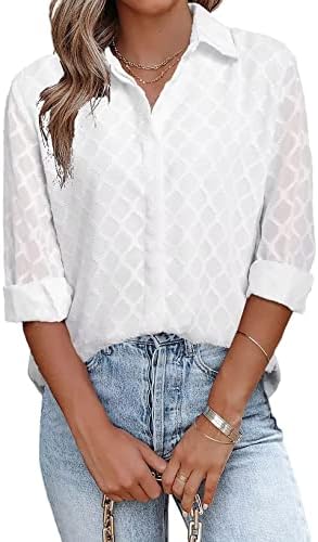 FARYSAYS Womens Blouses & Button-Down Shirts for Work Long Sleeve V Neck Solid Color Spring Summer Fashion Light Thin Sheer Tops White L