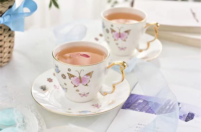 Juego de taza de té y café de 192.8 g, 21 piezas, taza de té en relieve esmaltada de colores blancos con platillo a juego, porcelana fina de hueso, servicio para 6 pulgadas