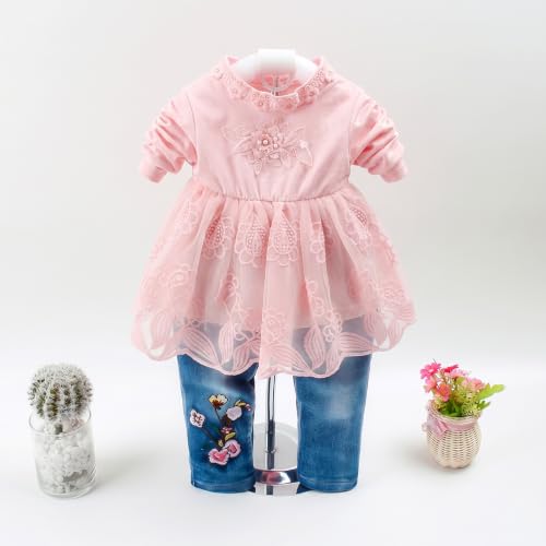 Image of Peacolate 6M-4Years Spring Fall Baby Girls Clothing Set 3pcs Long Sleeve Dress Denim Jacket and Jeans
