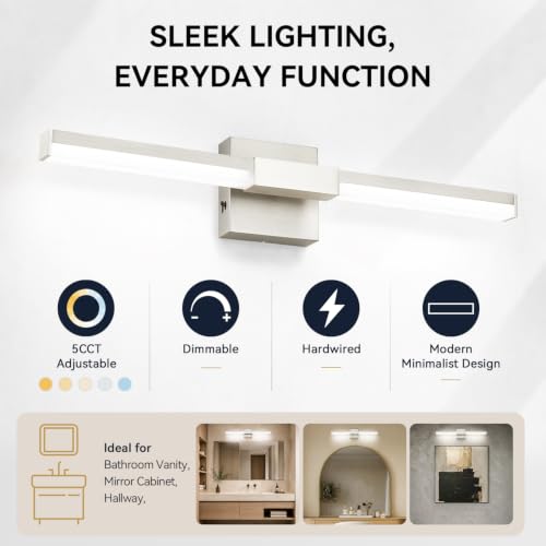Image of SOLFART Bathroom Lights Over Mirror, 24 Inch Brushed Nickel LED Vanity Light, 5CCT Dimmable, Built-in Dimmer, 4-Way Adjustable, ETL IP44