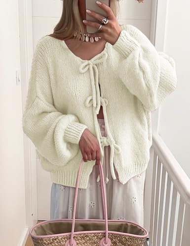Lumister Cute Oversized Cardigan Sweaters for Women Y2K Long Sleeve V Neck Bow Tie Front Cadigan Knitwears Bow Tops3