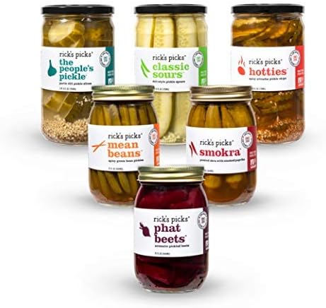 Rick’s Picks Seller Pack Pickles | Pickles, Beets, Okra, and Green Beans | Fat-Free, Gluten-Free, Low-carb | No artificial flavors, additives, or preservatives | 6pk
