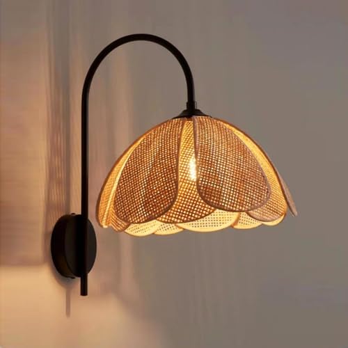 Lfoute Kinkiet Z Rattanu Bambusowego Kreatywna Lampa Ścienna W Kształcie Kwiatu Abażur E27 Retro Do Salonu Jadalnia Sypialnia Przedpokój Schody Restauracja Kuchnia Deko Naturalna Lampa Rattanowa