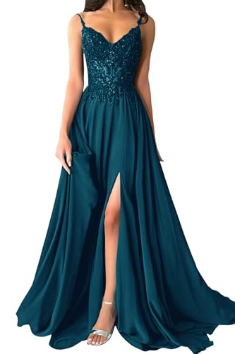 Damen Chiffon Ballkleider Spaghettiträger Spitzenapplikationen Abendkleider Elegant für Hochzeit A-Linie Ballkleid mit Schlitz
