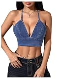 SweatyRocks Women's Backless Tie Back Halter Top Summer Party Sleeveless Denim Crop Tops Medium Wash M