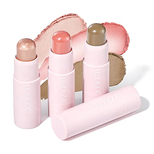 LUXAZA 3PCS Cream Blush Stick + Highlighter Stick + Bronzer / Contour Stick, Complete Face Make up Kit Sticks Trio Wand, Lightweight Dewy Finish for Girls and Women, Highlight ( Pearl ) #03 + Contour ( Matte ) #04 + Blush ( Matte ) #01