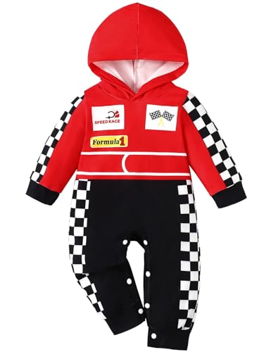 Happidoo Baby Boy Costume Outfit Boy Clothes Race Car Driver Hooded Romper (Red-Long 18-24 Months)
