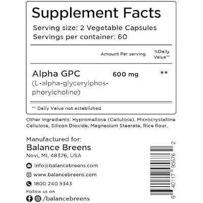 Balancebreens Alpha GPC Choline Supplement 600mg, 120 Veg Capsules - Advanced Memory Formula, Nootropic Brain Support (120 Count (Pack of 1))