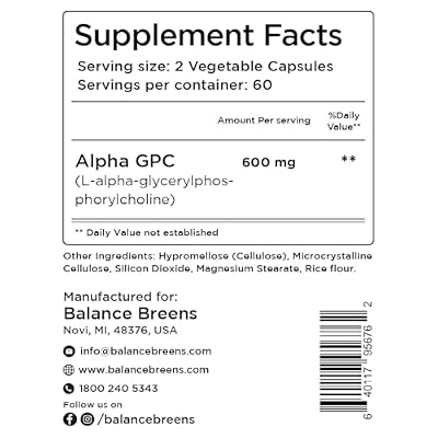 Balancebreens Alpha GPC Choline Supplement 600mg, 120 Veg Capsules - Advanced Memory Formula, Nootropic Brain Support (120 Count (Pack of 1))