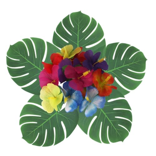 COLLBATH Hawaiian 147pc Party Table Skirt with Pineapple Flamingo Monstera Hibiscus Straw for Decor