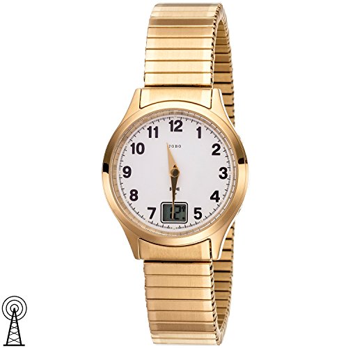 Preisvergleich Produktbild JOBO Damen Armbanduhr Funk Funkuhr Edelstahl vergoldet Flexband Datum Damenuhr
