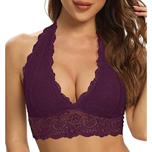 SHEKINI Damen Blumen BH Spitze Bralette Bustier Crop Top BH ohne Bügel Comfort Bra V-Ausschnitt Jeden Tag BHS Top für Frauen(Fuchsia,L)