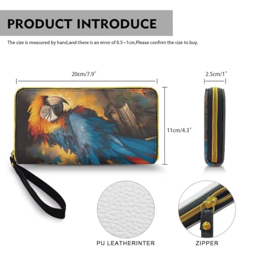 Oil Paint Parrot Travel Wallet for Women Retro Scarlet Macaw Bird Large Capacity Wristlet Clutch Bag, Colorful Long Zip Clutch Wallets for Women Coin Purse4