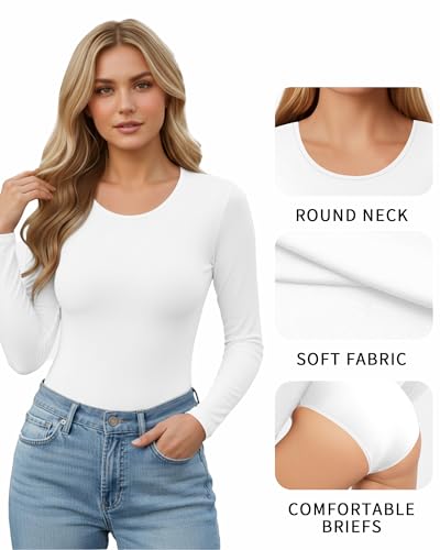 Image of MANGOPOP Women's Scoop Neck Long Sleeve Stretchy Basic Bodysuit Jumpsuits