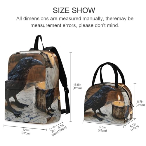 Backpack Lunch Box Set Large Capacity Travel Backpacks and Insulated Lunch Bag for Commute Hiking Picnic Gothic Crow Candle Print2