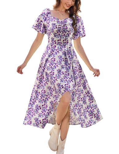 Image of Bridesmay Women's Floral Midi Dress Short Sleeve Summer Casual Dress Flowy Beach Wedding Guest Square Neck Sundress