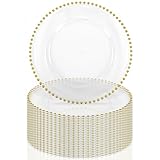 24 Pack Clear Charger Plates With Gold Beaded Rim, 13 Inch Acrylic Round Plate Chargers for Dinner, Plastic Decorative for Table Setting, Wedding, Party, Event (Gold)