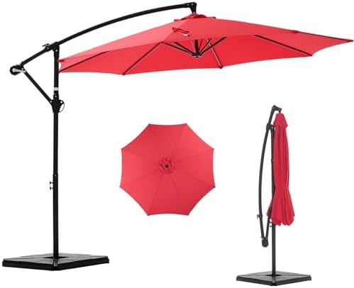 NEWBULIG 10FT Patio Umbrella with Base Included, Offset Cantilever Outdoor Patio Table Umbrella, UV Protection, Fade Resistant Fabric, Easy Tilt Adjustment for Pool, Deck, Garden, Backyard, Red