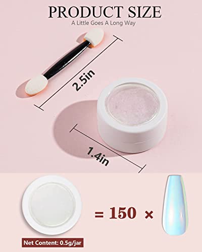 Bishengyf Mermaid Chrome Powder 2 Jars, Unicorn Glitter For Nails Pearlescent Effect, Ultra-Fine Smooth Iridescent Aurora Wite Pearl Chrome Dust 0.5G/Jar For Nail Art With 2Pcs Sponge Applicators #TOP6