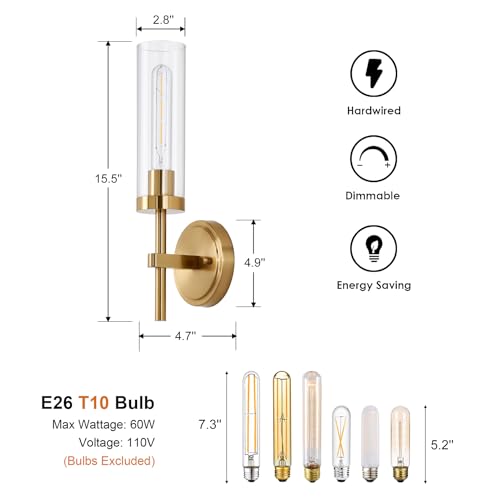 Gold Wall Sconces Set of 2, Modern Bathroom Sconces Wall Lighting Vanity Light Fixtures with Clear Glass, Brushed Brass Wall Mount Lights for Living Room Corridor Mirror Bedroom Stairs - Image 6