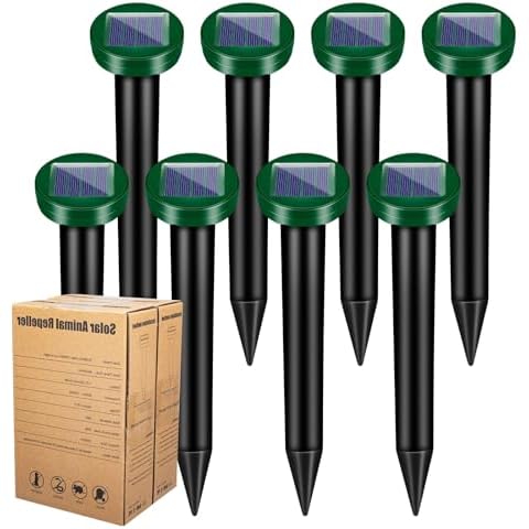 8 Pack Solar Mole Repellent Stakes Waterproof Ultrasonic Animal Deterrent Outdoor Groundhog Repellent Sonic Burrowing Mole Deterrent Spike for Mole Vole Groundhog Gopher Snake for Yard Lawn Garden Cover