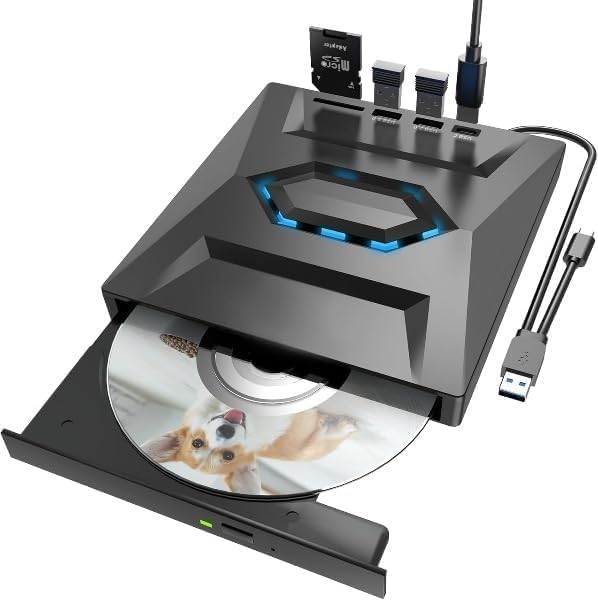 USB 3.0 & Type C External CD DVD Writer RW Optical Drive CD/DVD ROM +/-RW CD Burner Drive with SD/TF Card Reader Ports, USB 3.0 to C Hub for Laptop, PC, MakBook, Desktop, Notebook – Black