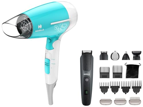 Image of Havells HD3151 1200 Watts Foldable Hair Dryer; 3 Heat (Hot /Cool /Warm) Settings including Cool Shot button & Havells Super Grooming Kit GS8714, 15 IN 1, IPX7 fully washable,120 min run time,Fast charge