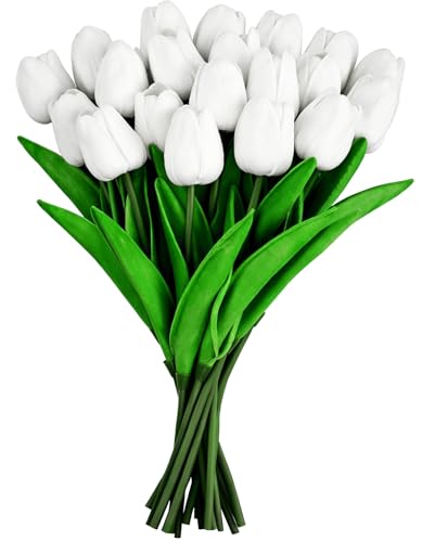 SZC&MFZ White Artificial Tulips Flowers,20 PCS PU Fake Tulips for Outdoors & Indoors, Faux Flowers with Real Touch Texture for Easter Decorations, Home, Living Room and Spring Decor.