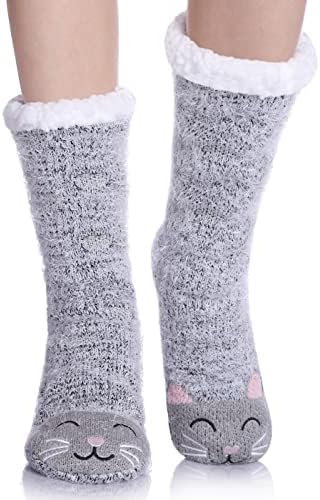 Yebing Non Slip Slipper Socks For Womens Fuzzy Soft Cozy Grippers Winter Warm Animal Fleece-lined Home Socks Mh - Cat