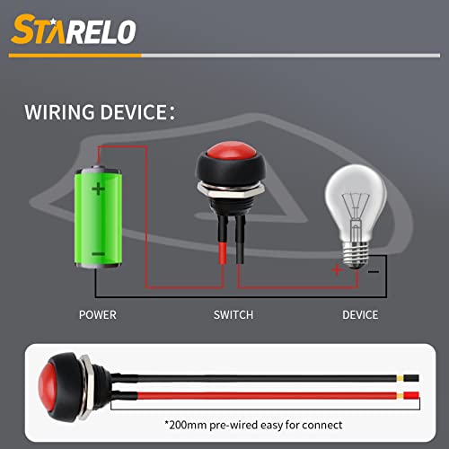 Starelo 6Pcs 12Mm Momentary Push Button Switch Mini Round Waterproof Spst Switch 3A 125V Ac 2Pin 1No With Pre-Soldered Wire Pbs-33B(Red). #TOP5