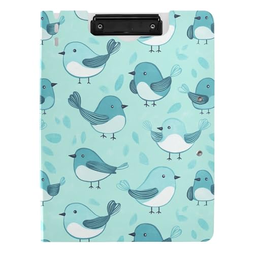 Faltbares Klemmbrett A4 Klemmbrett Binderfolio Horizontal und Vertikal Doppelclips Still-Clipboard mit festem Einband Cartoon Niedlicher Vogel Türkis