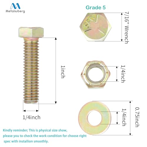 Image of 1 /4 inch x 1 inch Hex Head Bolt by Color Galvanization with Nylon Lock nut and Large Size Washer Assortment Kit,Alloy Steel,Grade 5.(10pcs Pack),by Metalsuberg