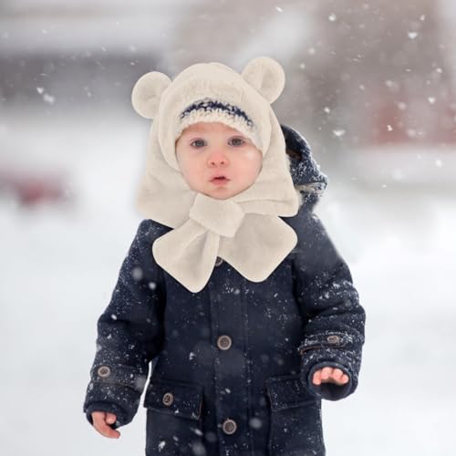 Toddler Hat Scarf, Baby Bear Ears Plush Hat with Neck Warmer, Winter Thermal Kids Hat for 6 Month to 2 Years Old4