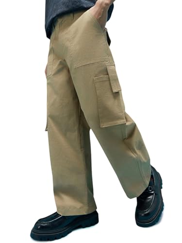 Veirdo® Baggy Fit with Button Closure Solid Lycra Woven Cargo Pan...