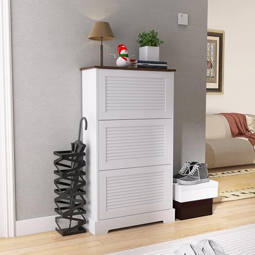 OLDTREE 26" W Farmhouse Shoe Cabinet with 3 Flip Drawers,