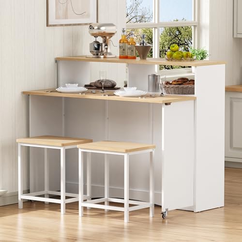 Goldicoo Îlot de cuisine sur roulettes avec coin repas extensible, blanc, MDF, 110 x 34-68 x 97,5 cm, avec chaises et espace de rangement généreux