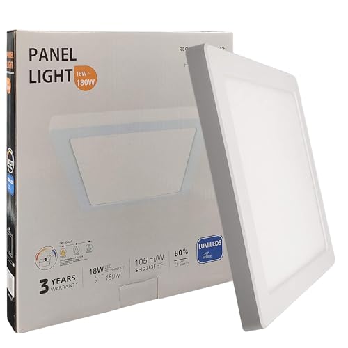 FactorLED Plafón Led Techo Cuadrado Blanco, 18W (180W), 1800Lm, Lámpara Empotrable Ajustable, Opción Superficie y Downlight, Luz Blanca seleccionable 3000K 4000K y 6000K, 217x18mm (18, Vatios)