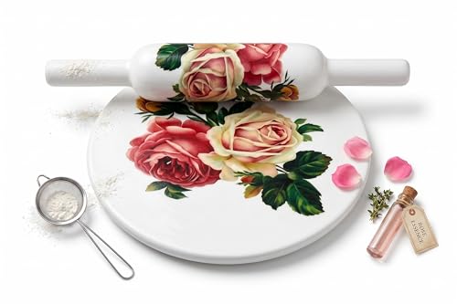 Image of Modern Floral Design Marble Chakla Wooden Belan | Printed 10 Inch Enamel Roti Maker with Belan | Heavy Duty Non-Slip Chakla for Roti, Chapati, Paratha |Kitchen Rolling Board (1 Set) (3.Rose Design)