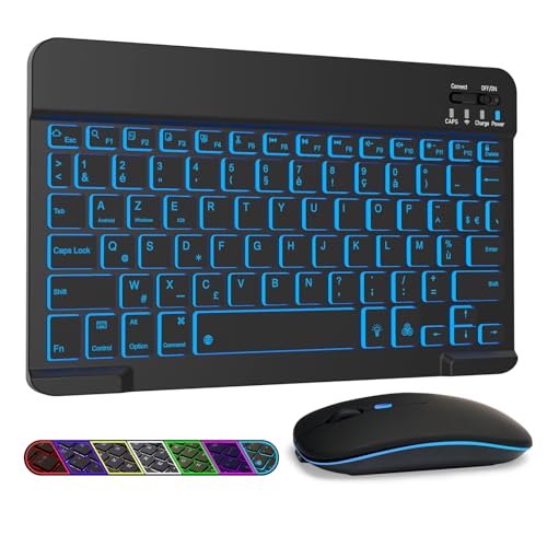 LAMA Clavier et Souris sans Fil rétroéclairés 7 Couleurs, Clavier Universel Ultra Fin Rechargeable, Clavier Bluetooth Portable pour iPad/Tablette/iOS/Android/Windows/téléphone, Rétroéclairage Noir