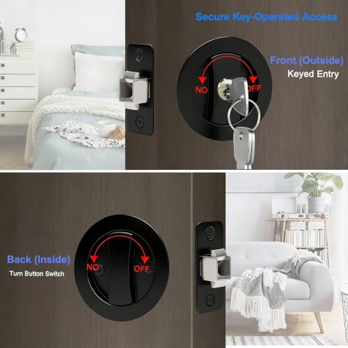 Juego de herrajes para puertas pocket Dontay con cerradura cuadrada con llave, acabado negro mate, para puertas de 1-3/8 a 2-1/4 pulgadas, cuerpo offset, tirador grande en anillo, aleación de zinc, diseño empotrado miniatura 2