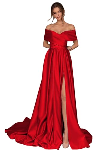 BONOYUER Satin Off The Shoulder Prom Dresses with Slit Pockets A Line Formal Evening Gown for Women