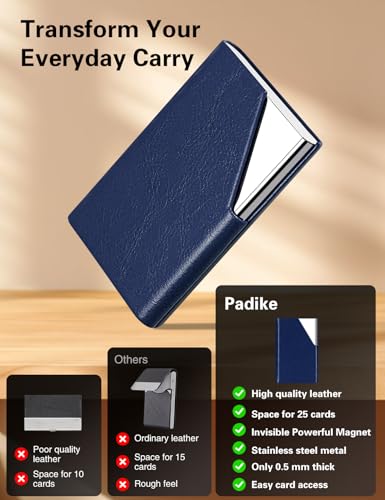 Image of Padike Business Card Holder, Leather Business Card Case Pocket Card Holders for Men or Women, Metal Slim Name Card Holder RFID Blocking Business Card Carrier with Magnetic Closure(Z-Navy Blue)